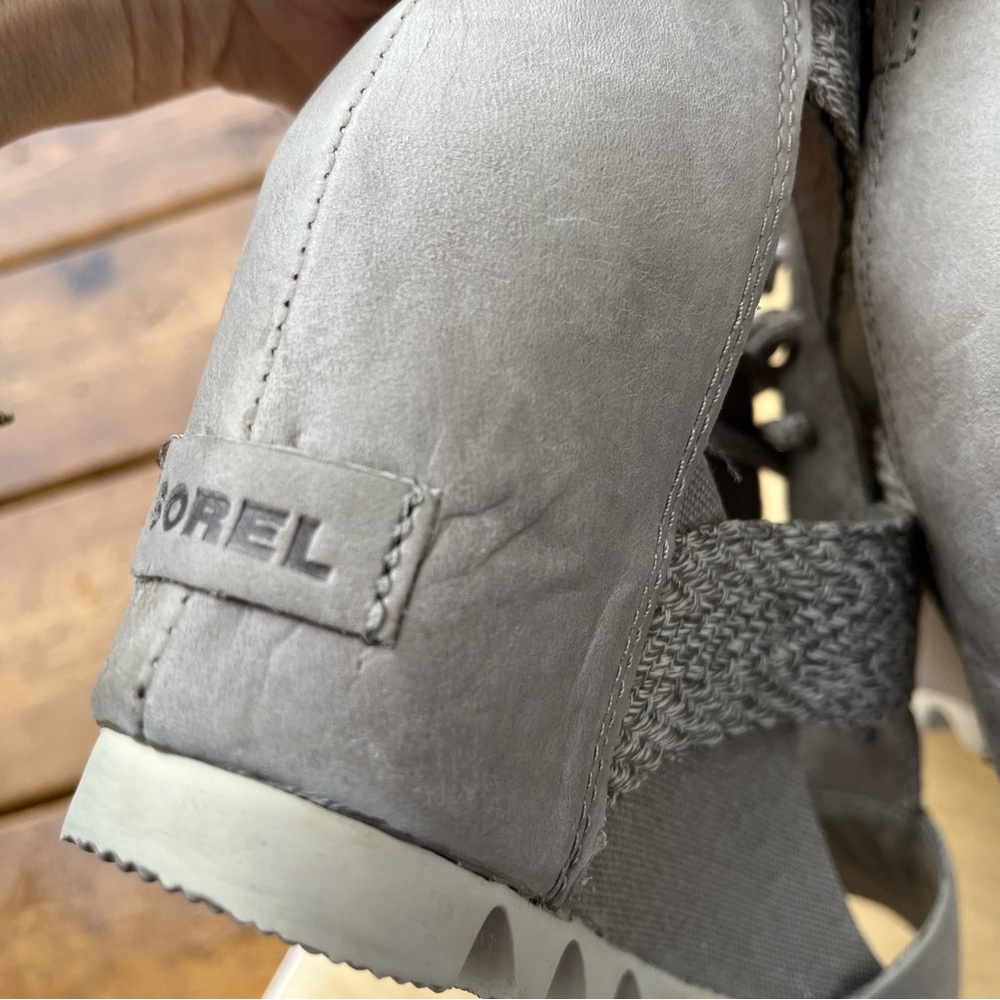 Sorel Wm’s Joanie Lace Up Leather & Canvas Wedge Sandals In Gray Sz 8 - Picture 14 of 16